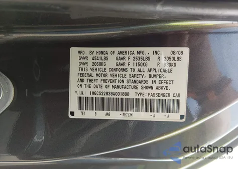 2009 Honda Accord 3.5 Ex-L from USA, damaged, VIN 1HGCS22839A001898